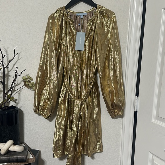 NWT ANTONIO MELANI Raffaella Metallic Split V-Long Sleeve Tie Waist Dress - Picture 6 of 8